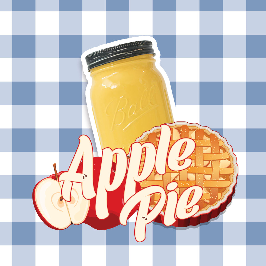 A yellow mason jar candle with 'Apple Pie' text and pie illustration on a blue checkered background.