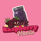 A purple mason jar  candle with black raspberry vanilla flavor text on a pink background.