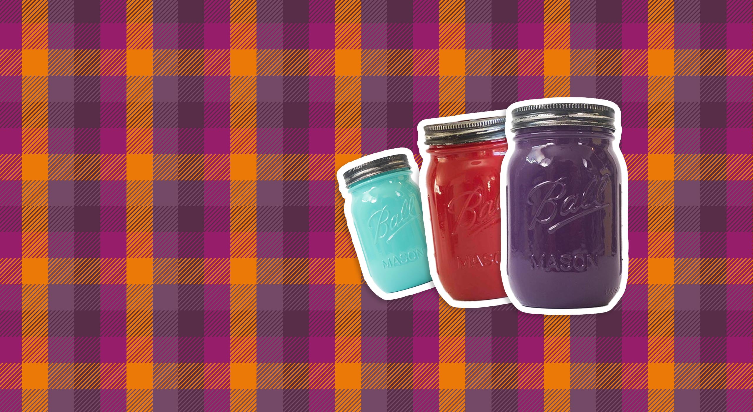 Three mason jars with different colored liquids on a purple and orange checkered background.