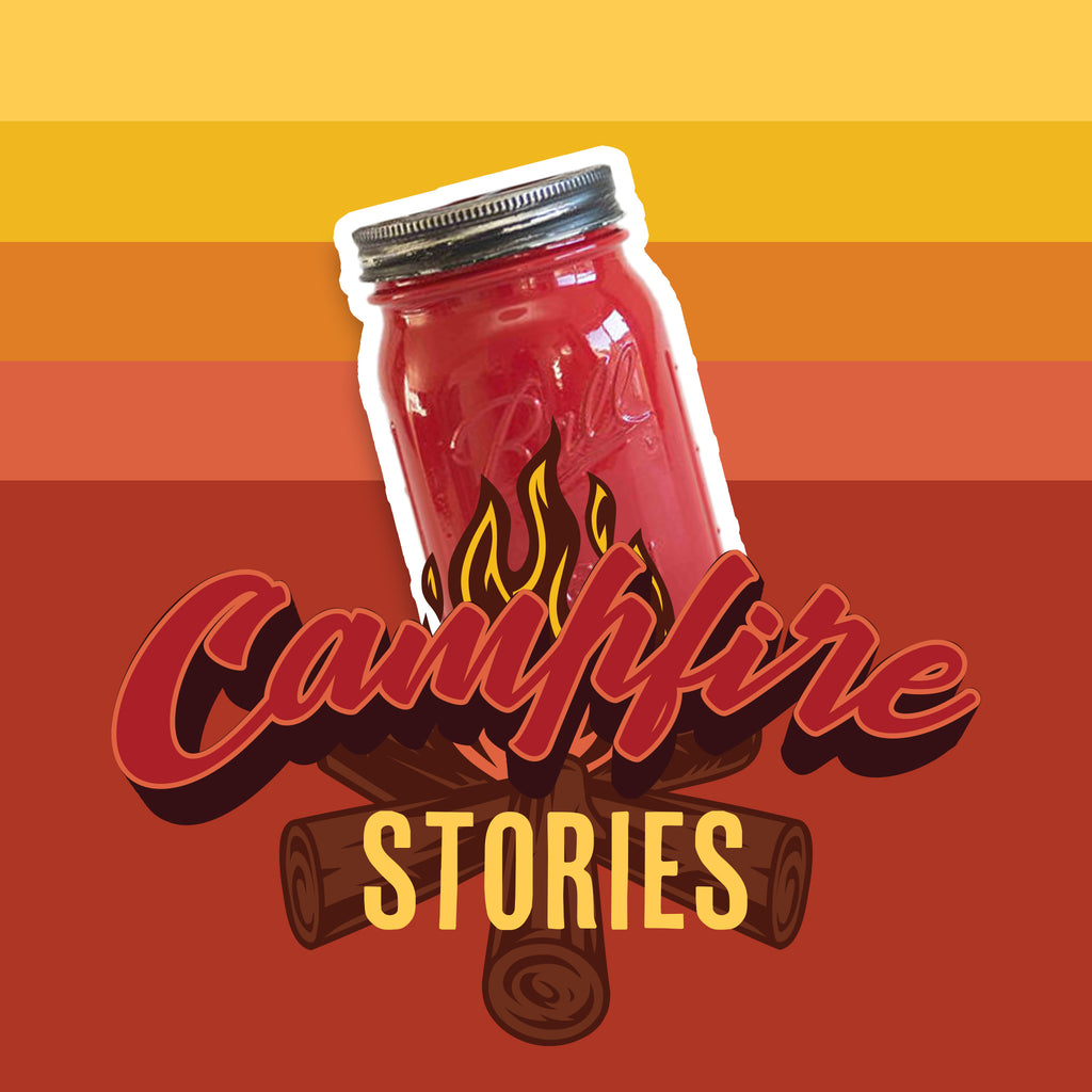 A mason jar with 'Campfire Stories' text on a gradient background.