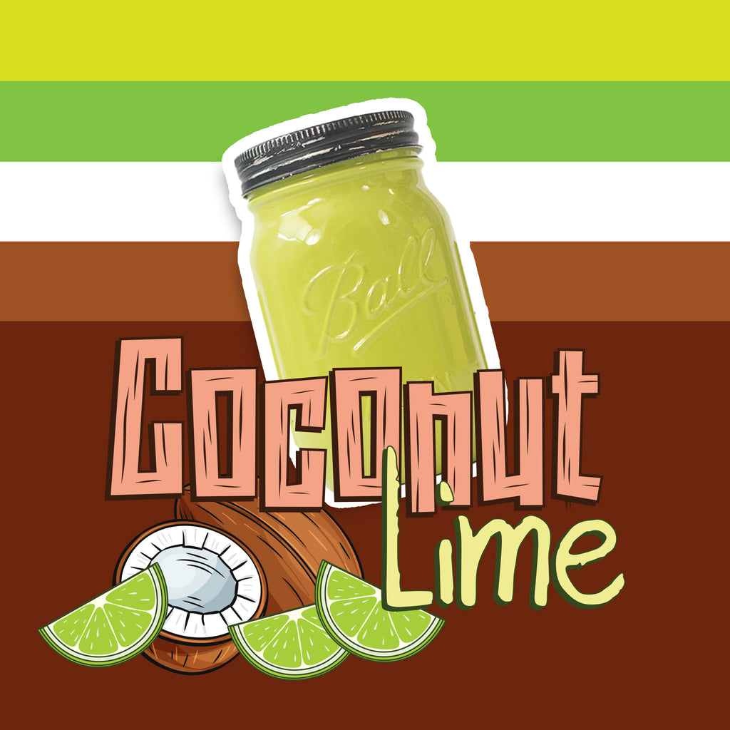 A lime green  mason jar candle with an illustration of coconuts and lime slices on a colorful background.