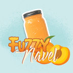 A orange mason jar with 'Fuzzy Navel' text on a light blue background.