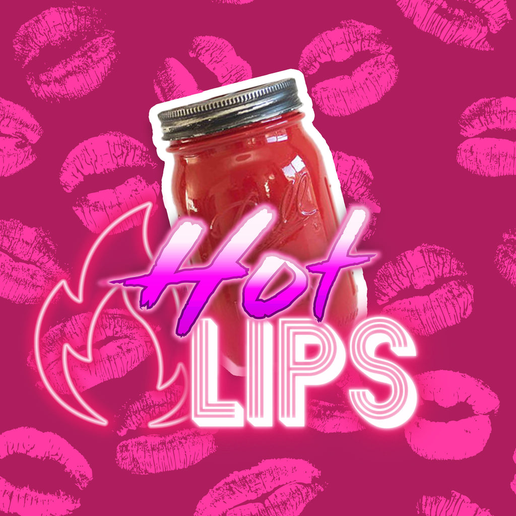 A red mason jar with 'Hot Lips' text on a pink background with lip prints.