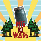 A dark green mason jar candle on a colorful background with trees and 'Into The Woods' text.