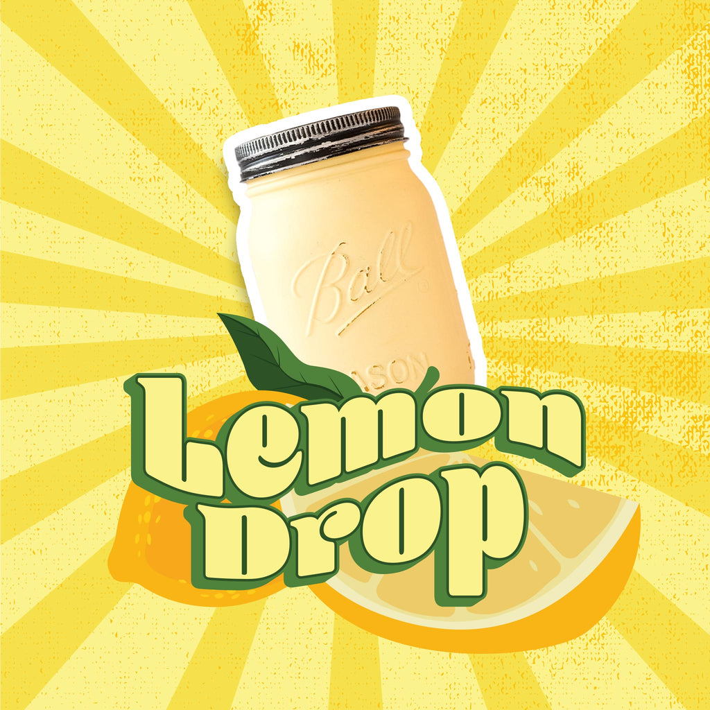 A yellow mason jar with lemon slice and 'Lemon Drop' text on a yellow background