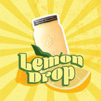 A yellow mason jar with lemon slice and 'Lemon Drop' text on a yellow background