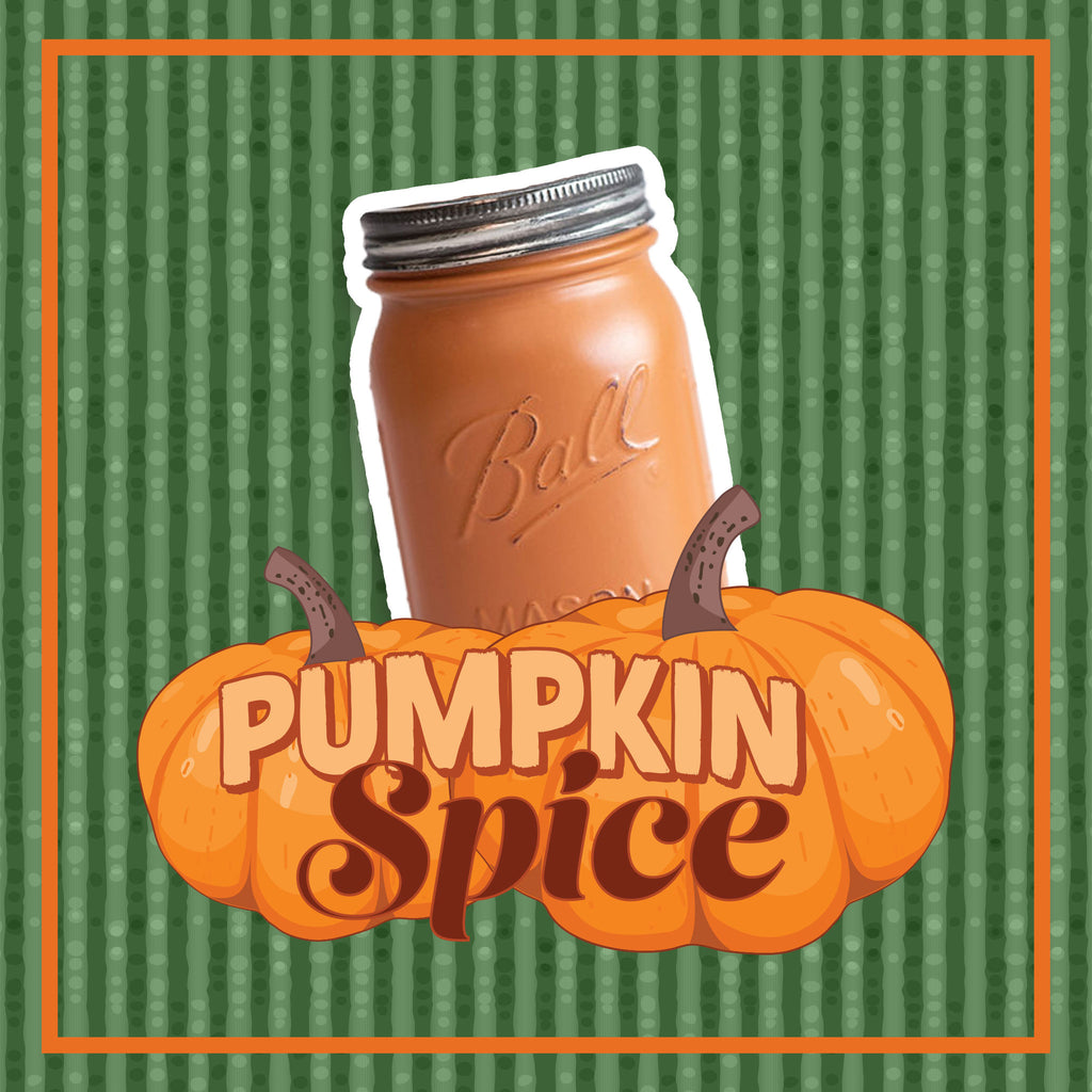 A pumpkin spice jar with pumpkins and 'Pumpkin Spice' text on a green striped background.