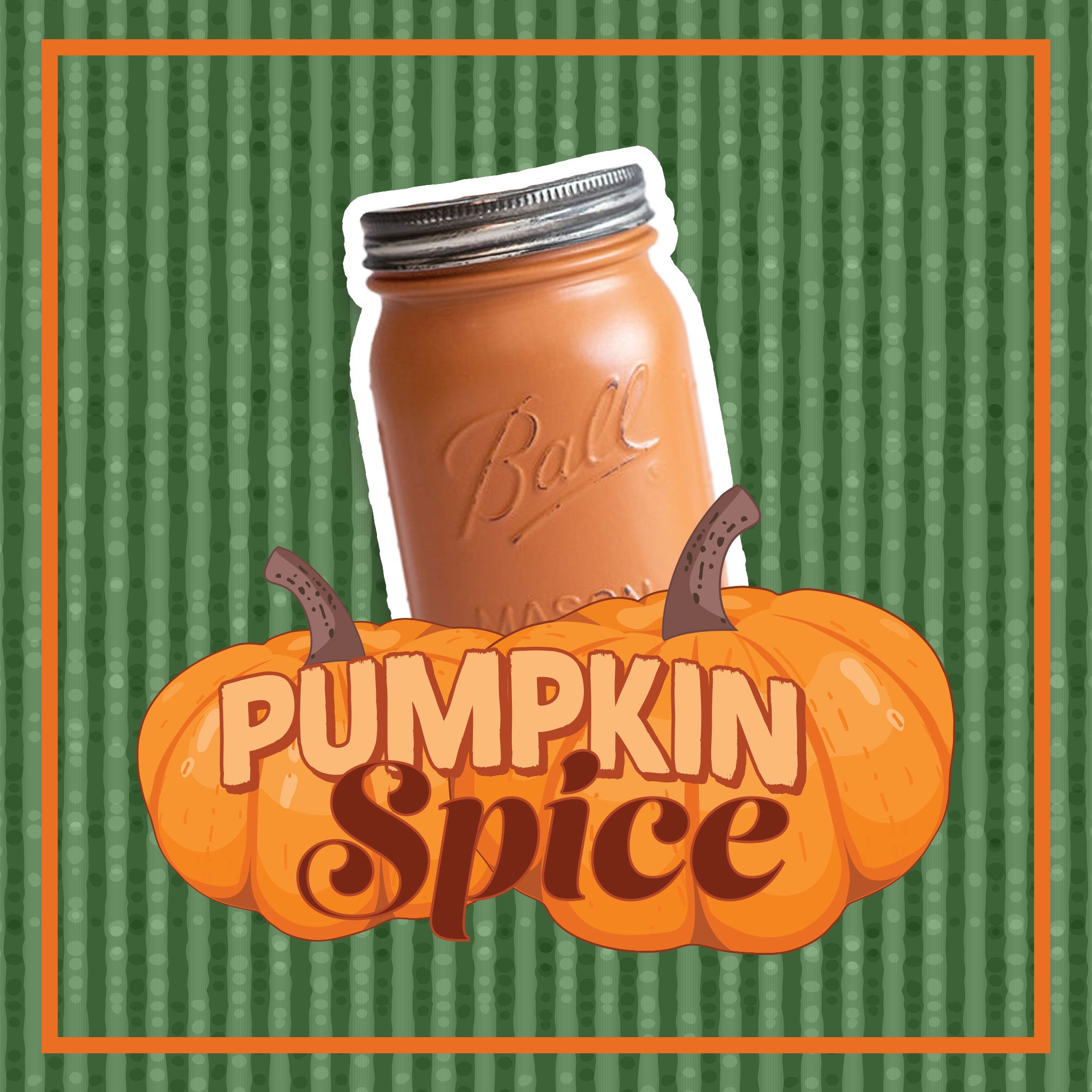 A pumpkin spice jar with pumpkins and 'Pumpkin Spice' text on a green striped background.