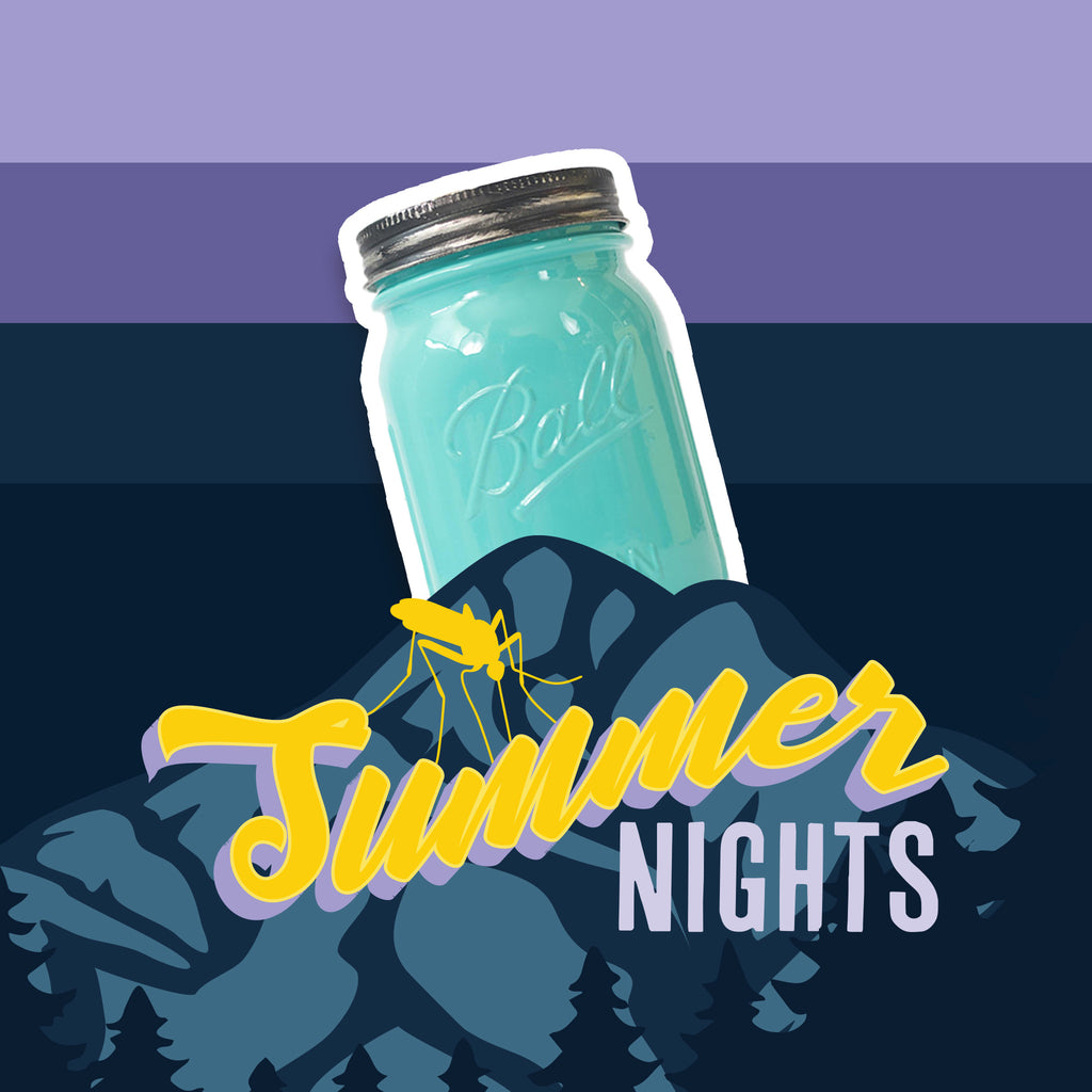 A turquoise mason jar candle on a mountain background with 'Summer Nights' text.