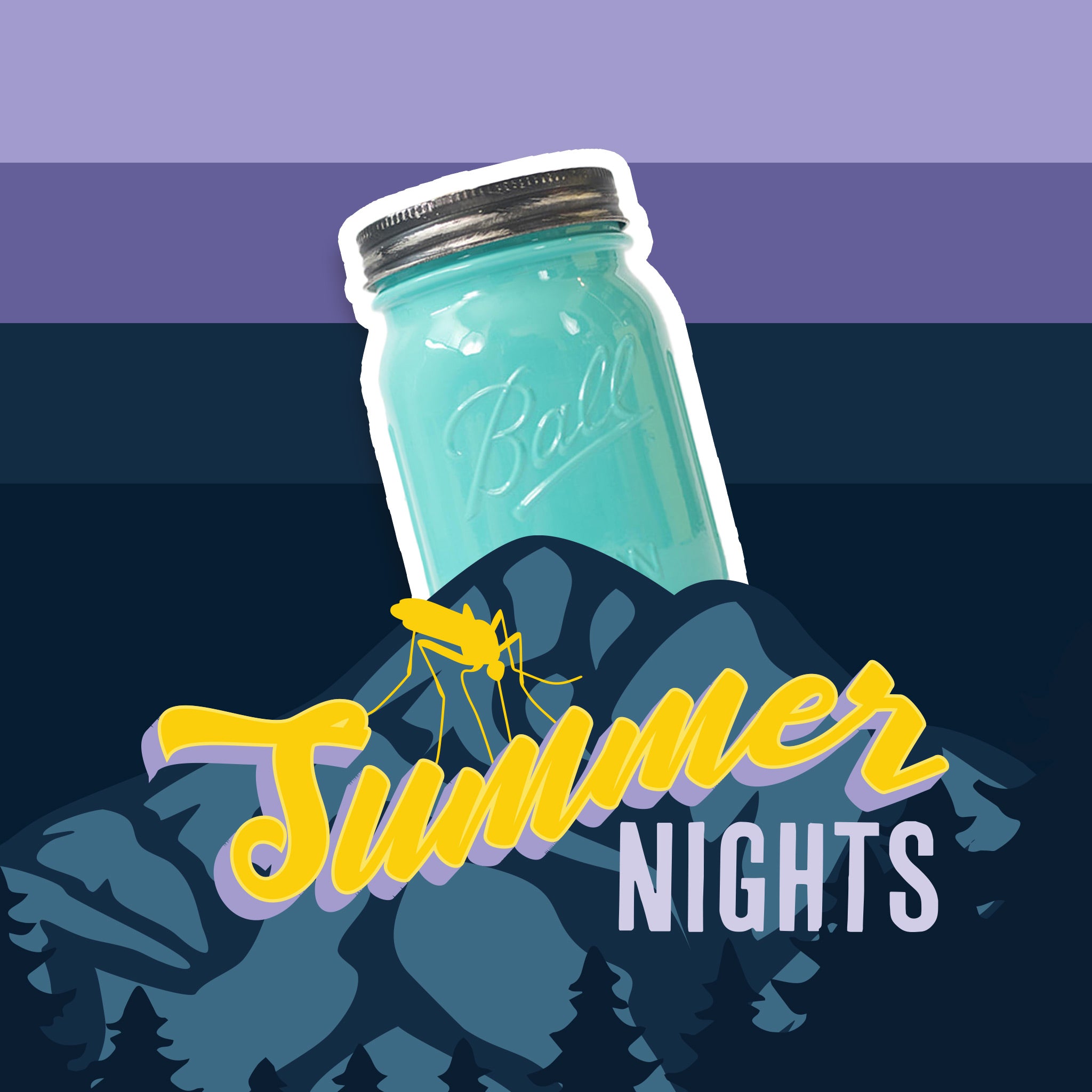 A turquoise mason jar candle on a mountain background with 'Summer Nights' text.