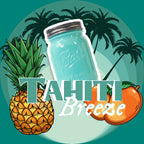 A turquoise mason jar with pineapple and orange, labeled 'Tahiti Breeze', against a tropical background.