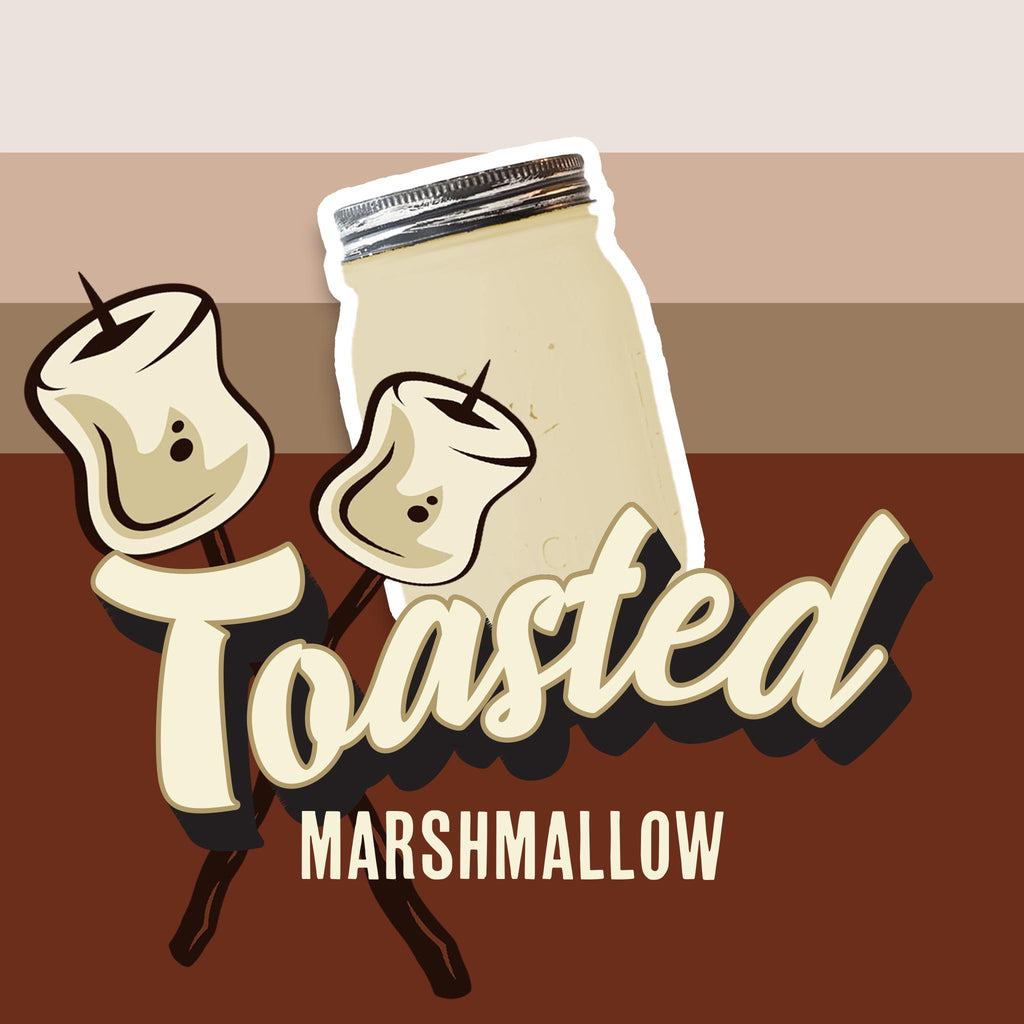 A cream coloured mason jar candle with the text 'Toasted Marshmallow' with illustrations of marshmallows on a brown background.