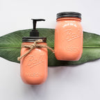 Two peach-colored mason jars with metal lids on a white background with green leaves.