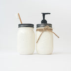 Two mason jar products with a straw and pump on a white background.