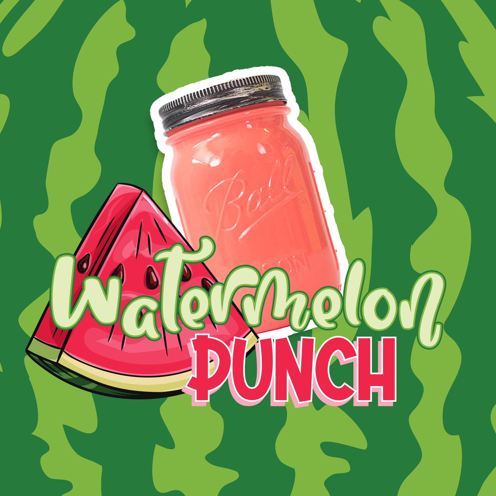 A mason jar candle with an illustration of a watermelon slice on a green background.